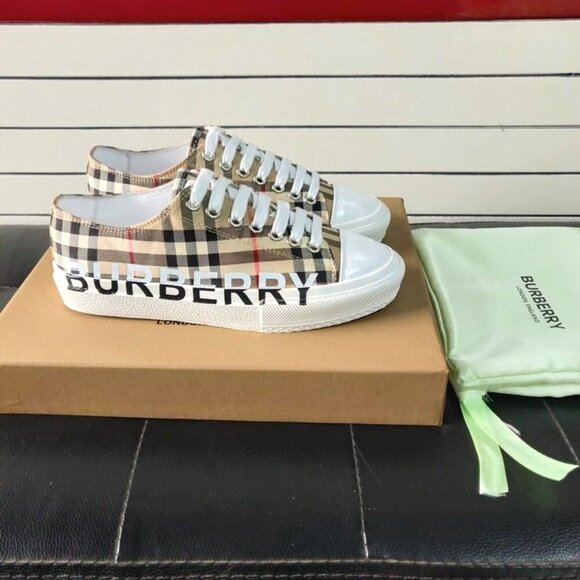 Burberry Logo Print Vintage Check Cotton Sneakers Archive Beige - Picture 3 of 7